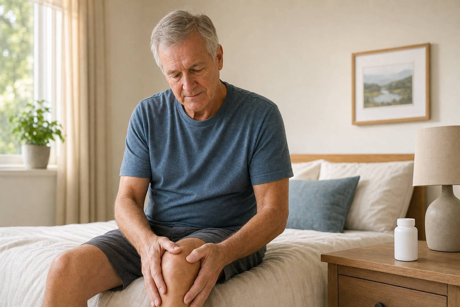 Older adult massaging stiff knee with supplement bottle visible on nightstand
