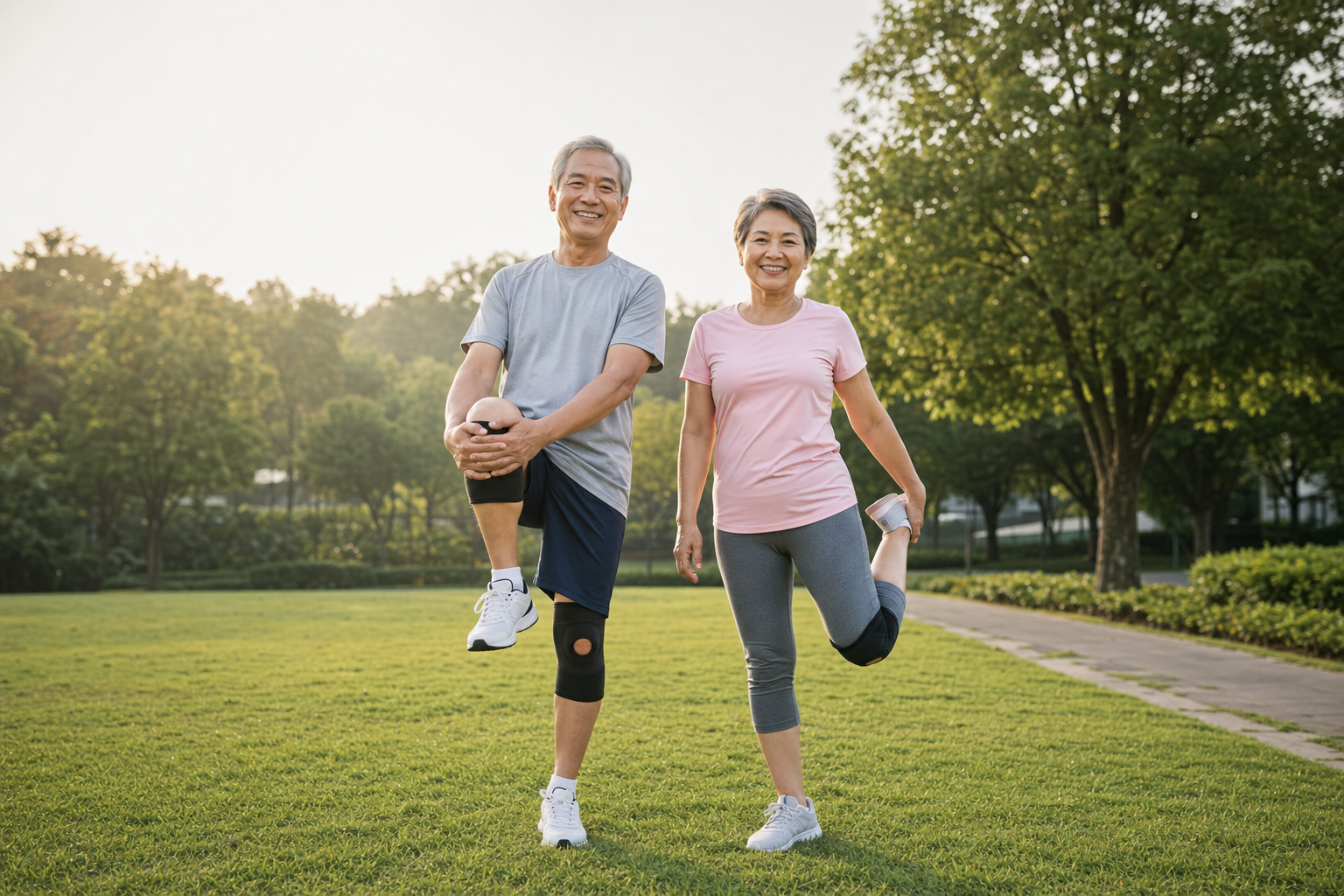Older couple stretching outdoors wearing athletic wear and knee supports