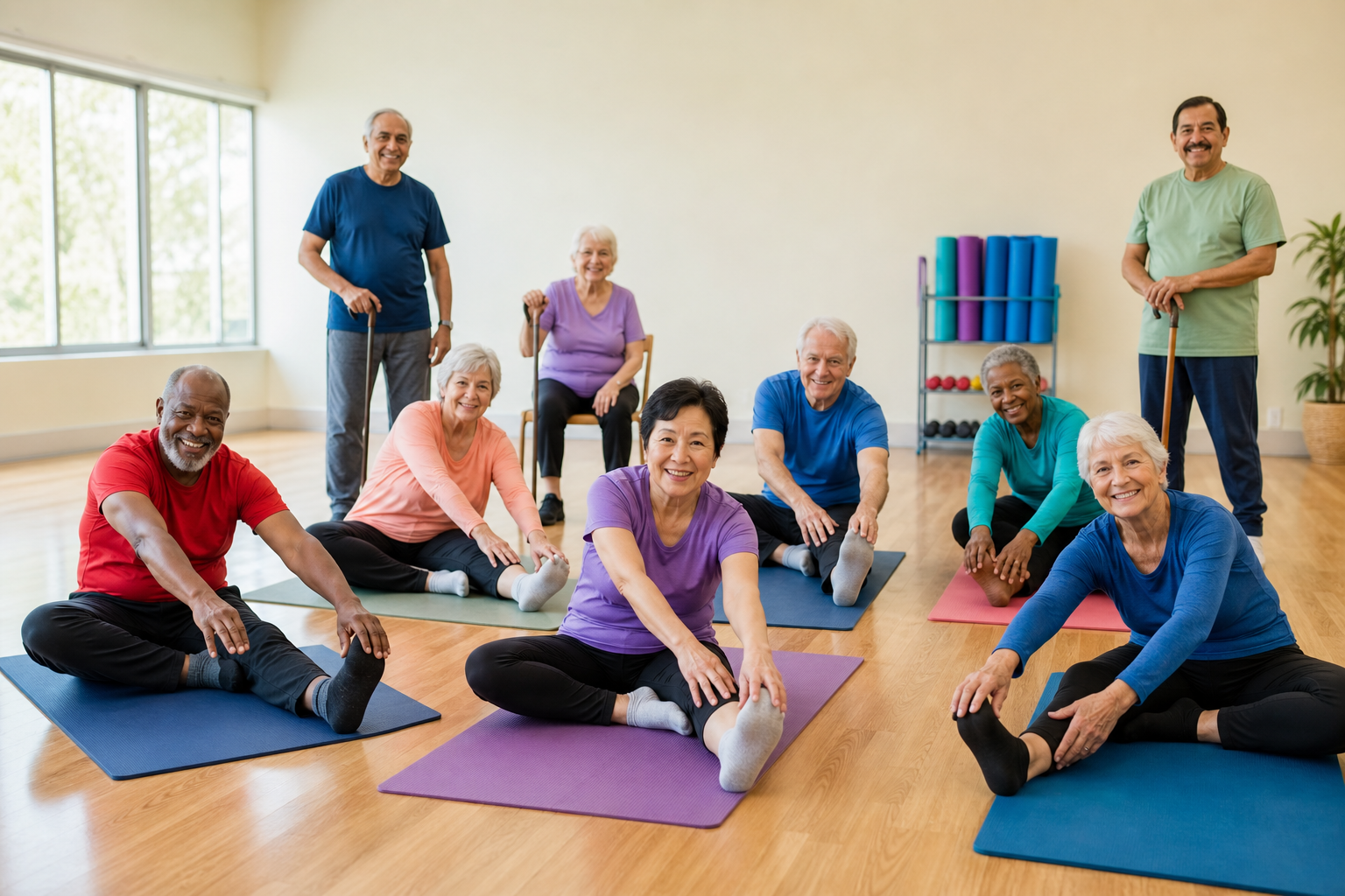 Older adults doing seated stretches for arthritis in a sunny community center