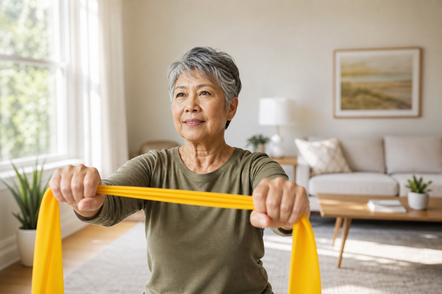 Older woman's hands using a resistance band for arthritis exercise at home