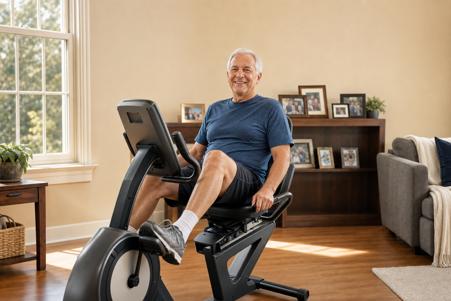 Senior man riding recumbent bike at home for low impact arthritis exercise