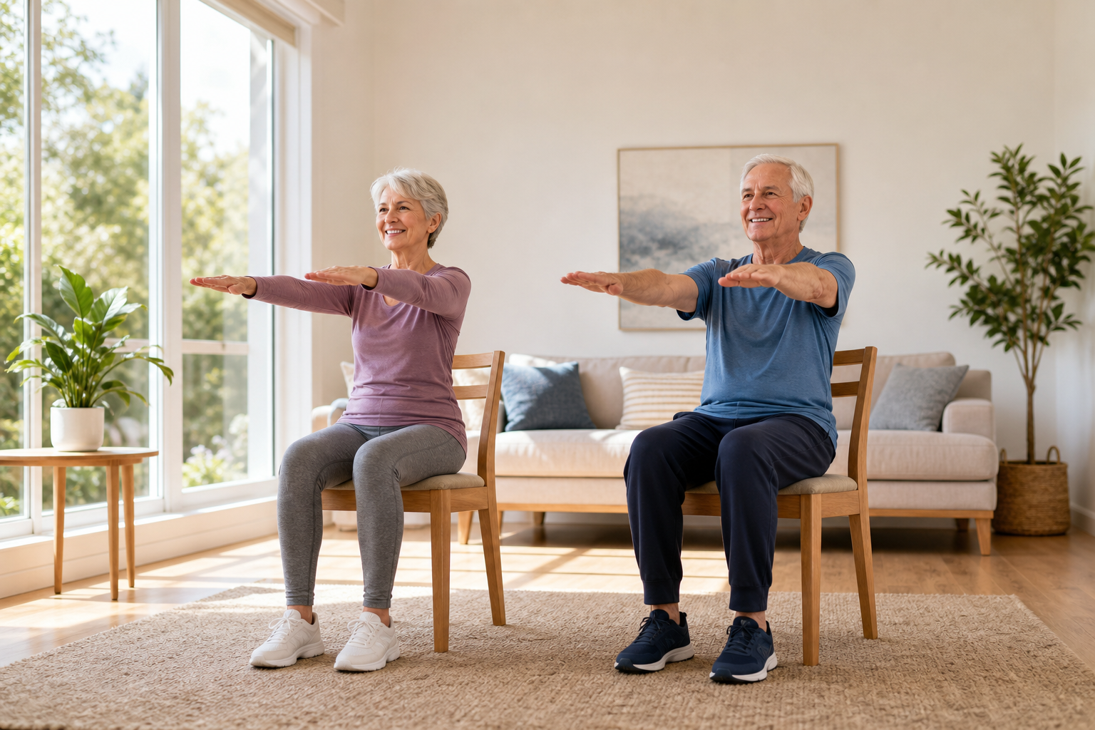 Seniors doing chair exercises for arthritis relief at home