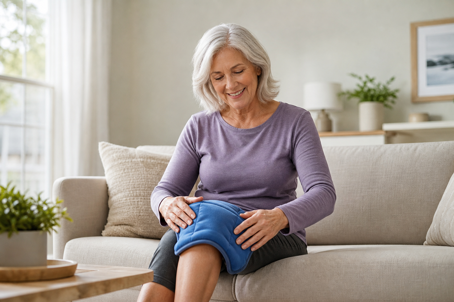 Senior woman using heating pad for knee arthritis pain relief
