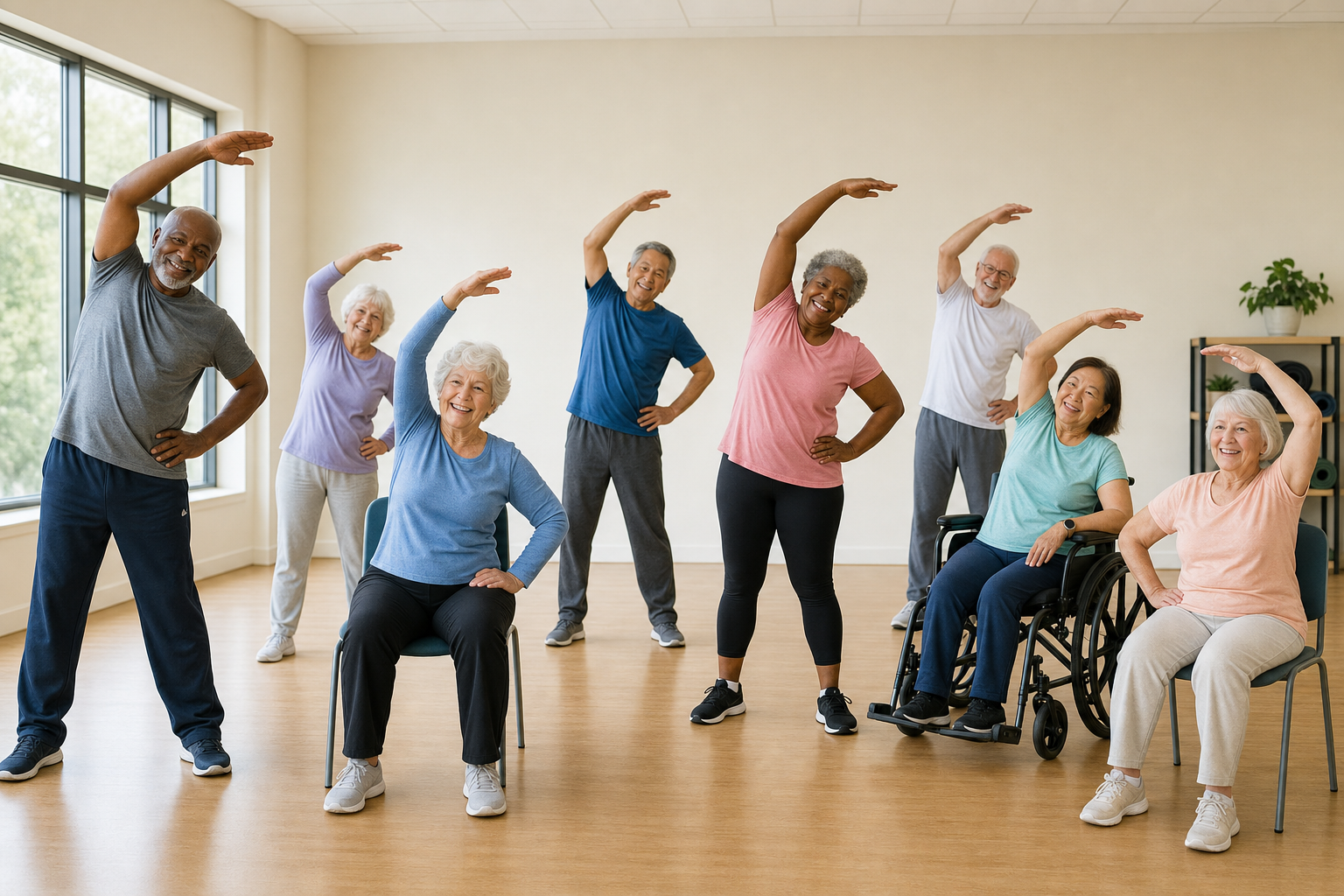 Seniors stretching together in a group arthritis exercise class