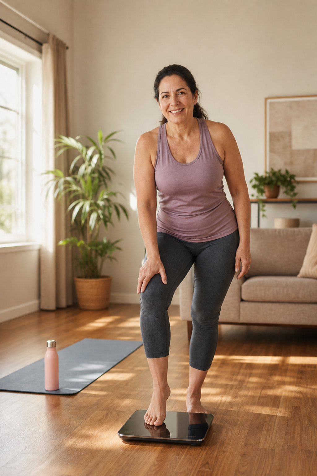 Woman in activewear on scale with knee pain focus, cozy living room, and yoga gear.