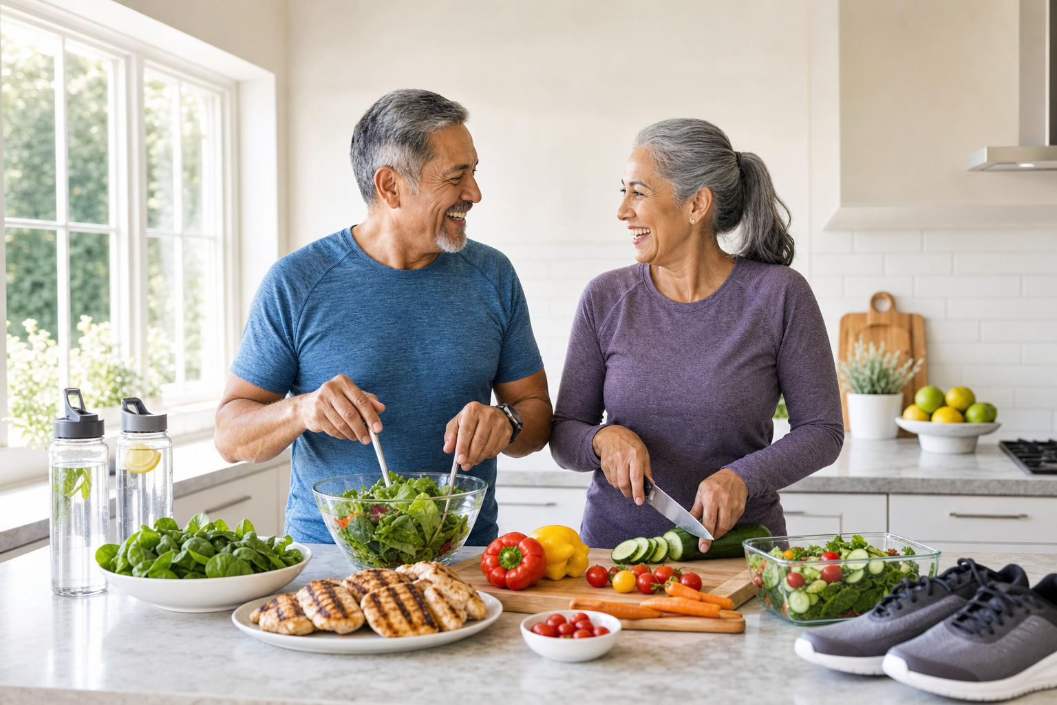 Older couple meal prepping healthy food in bright kitchen, supportive shoes visible.