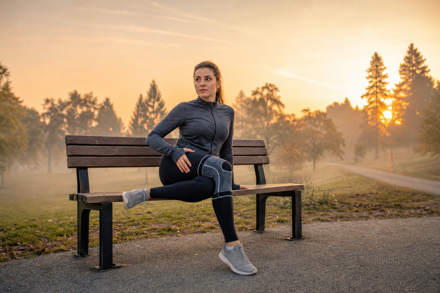 Person wearing knee brace stretching on park bench at sunrise, scenic path behind.