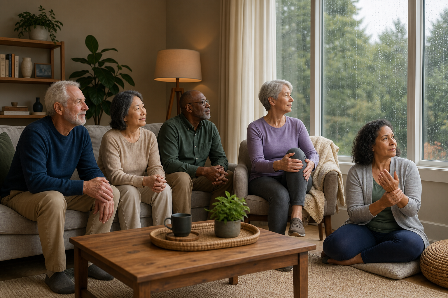 Older adults massaging joints while looking out a rainy window.