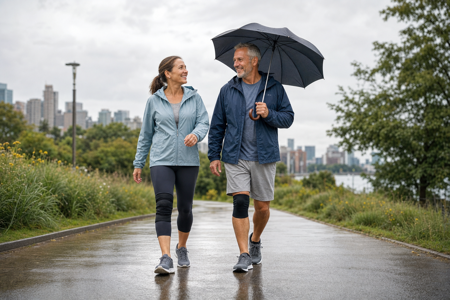 Active adults walking with knee braces on a humid, cloudy day.