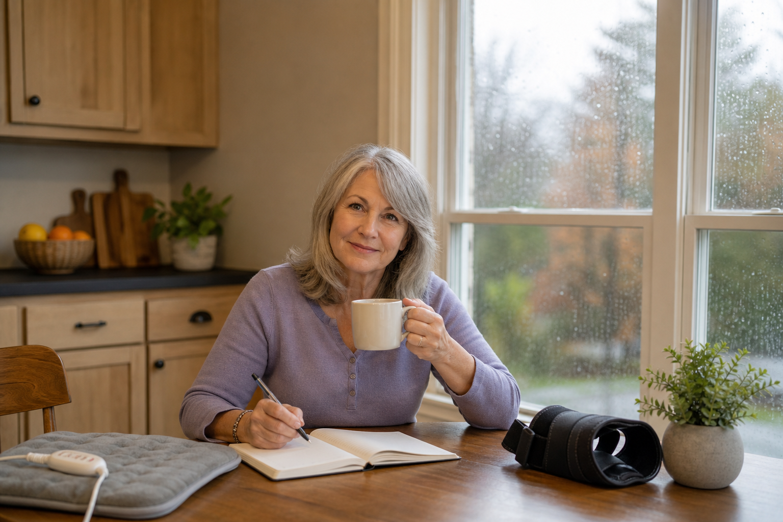 Older adult journaling about joint pain at a kitchen table on a rainy day.