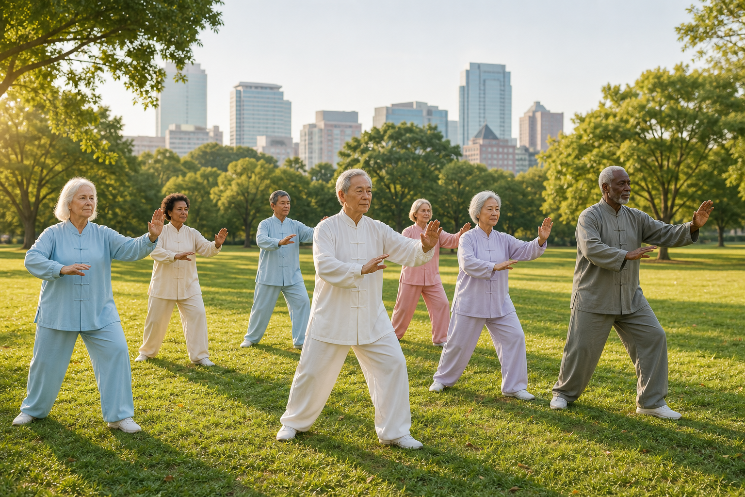 Older adults performing tai chi in a city park to improve arthritis and balance
