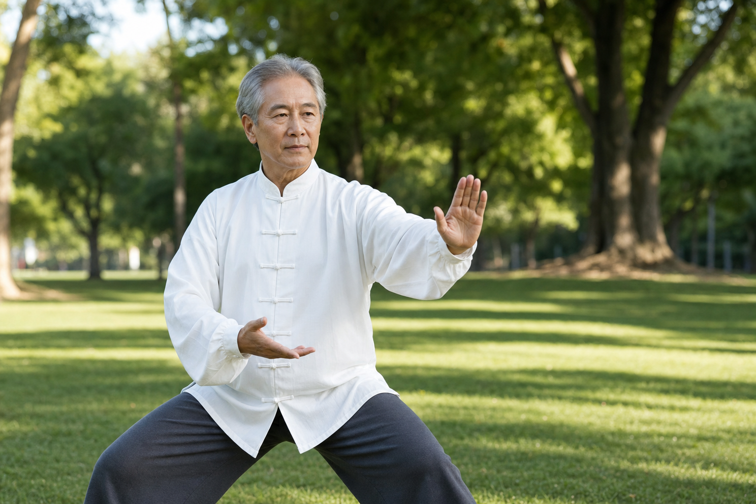 Close-up of hands and knees doing tai chi, highlighting joint movement and balance