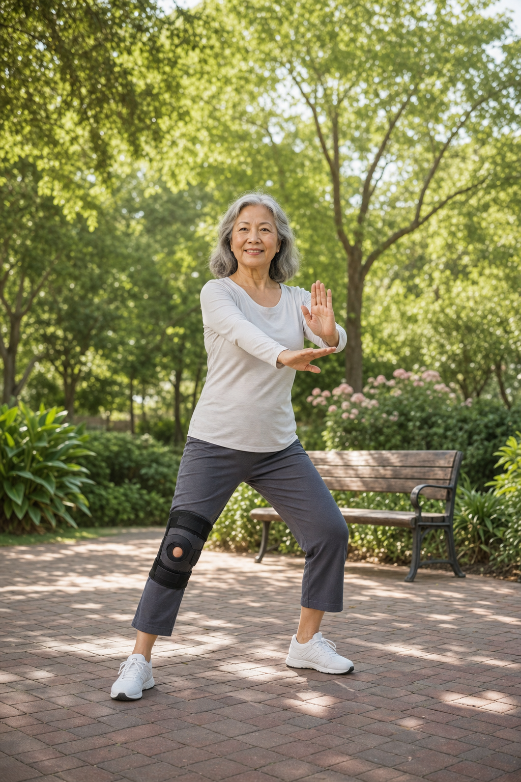 Older woman practicing tai chi for arthritis with a knee brace for support