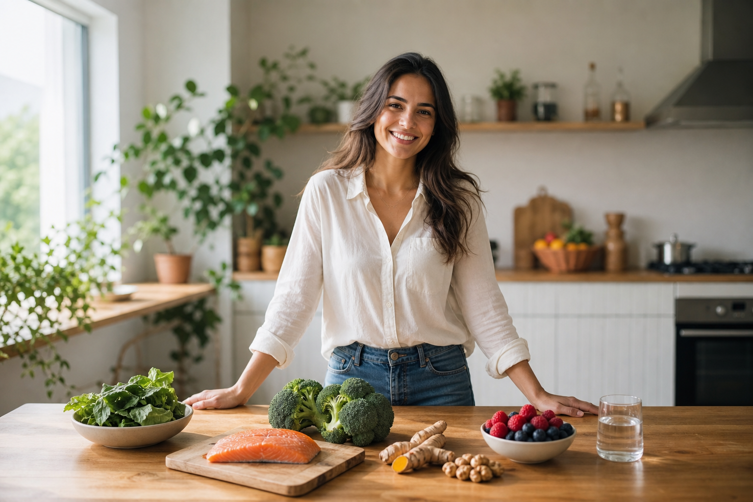 Best foods for joint health: salmon, leafy greens, turmeric, walnuts, berries, and water on a kitchen table