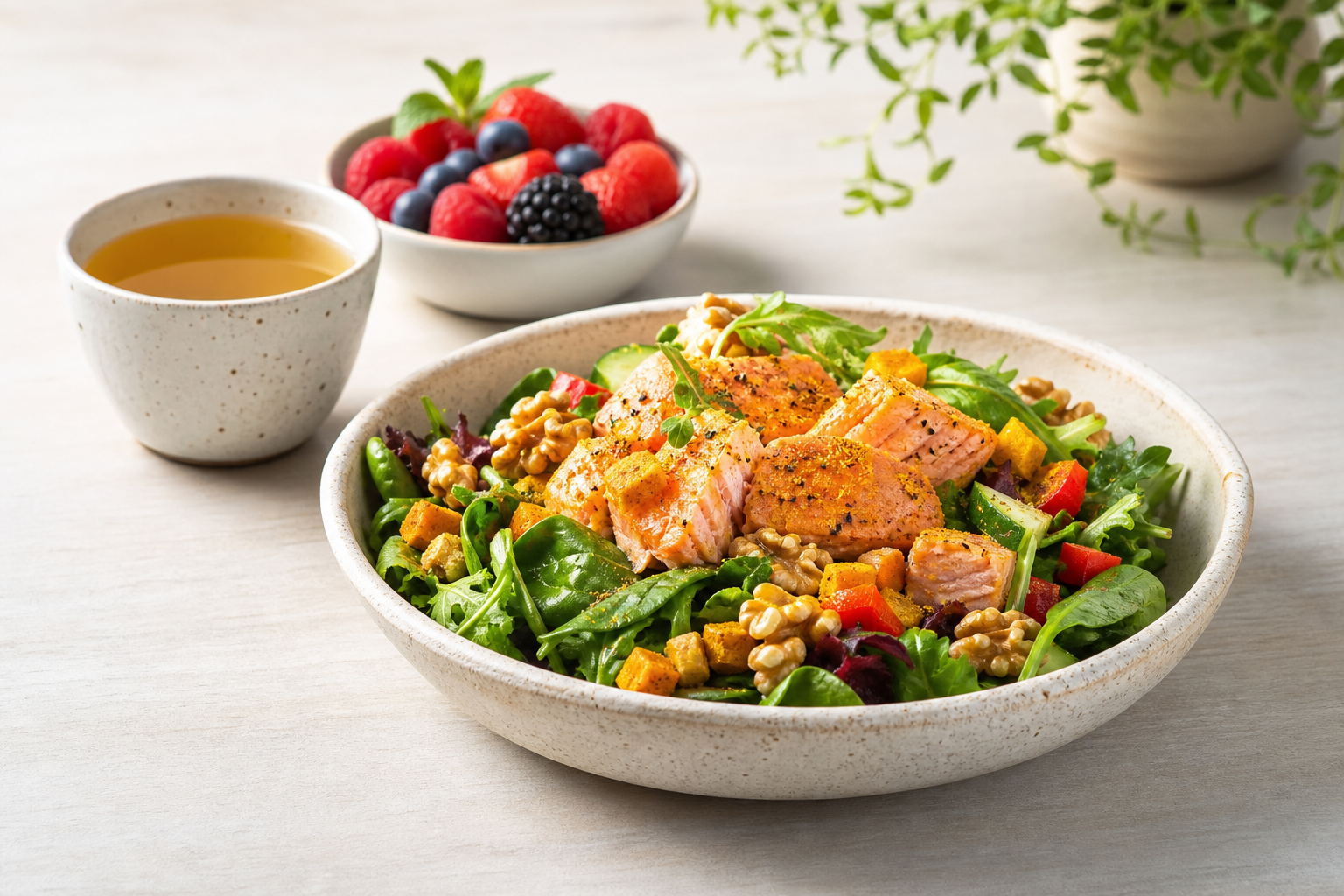 Salmon and greens salad with turmeric, walnuts, and berries for cartilage repair