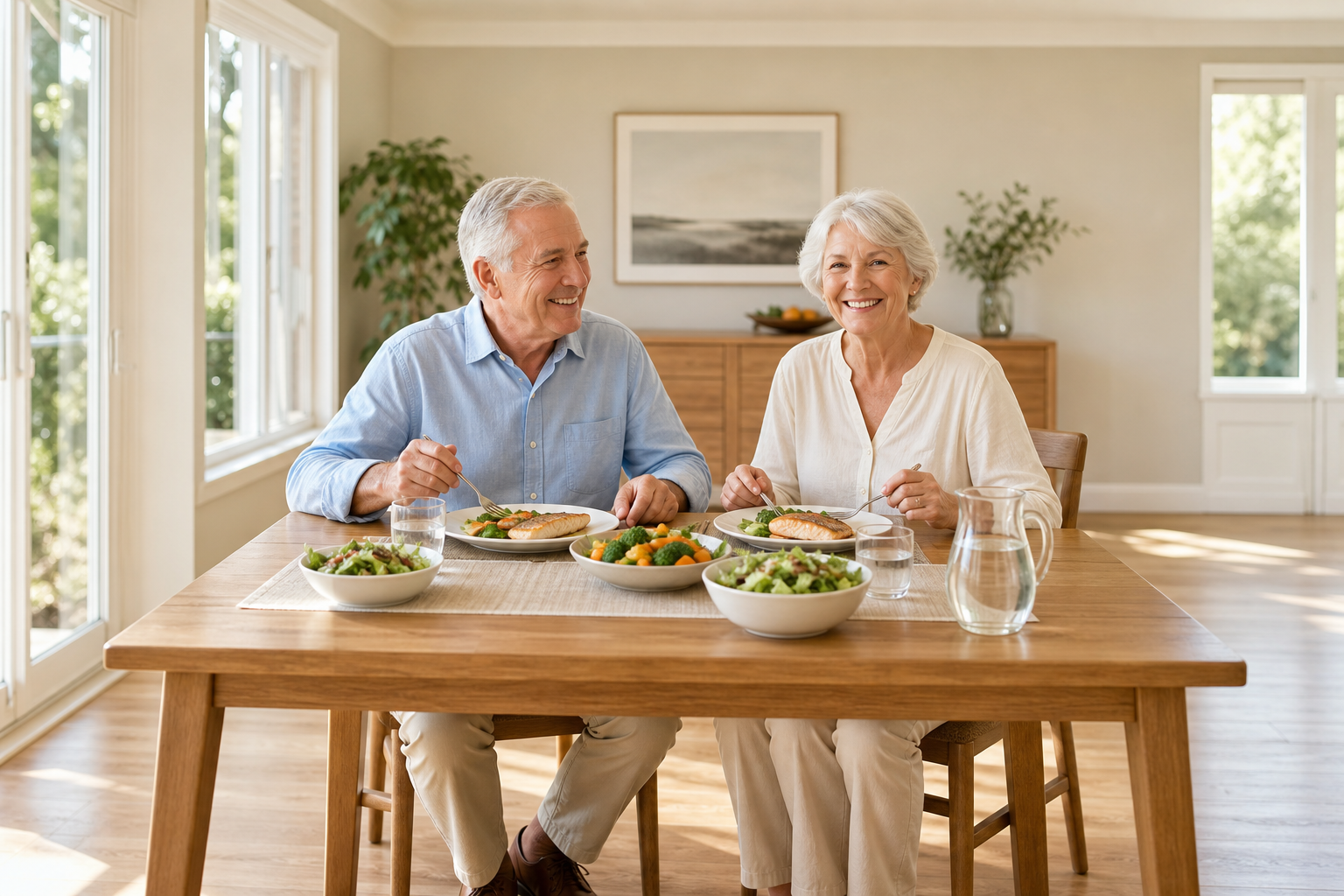 Older adults eating healthy salmon, salad, and vegetables for joint health