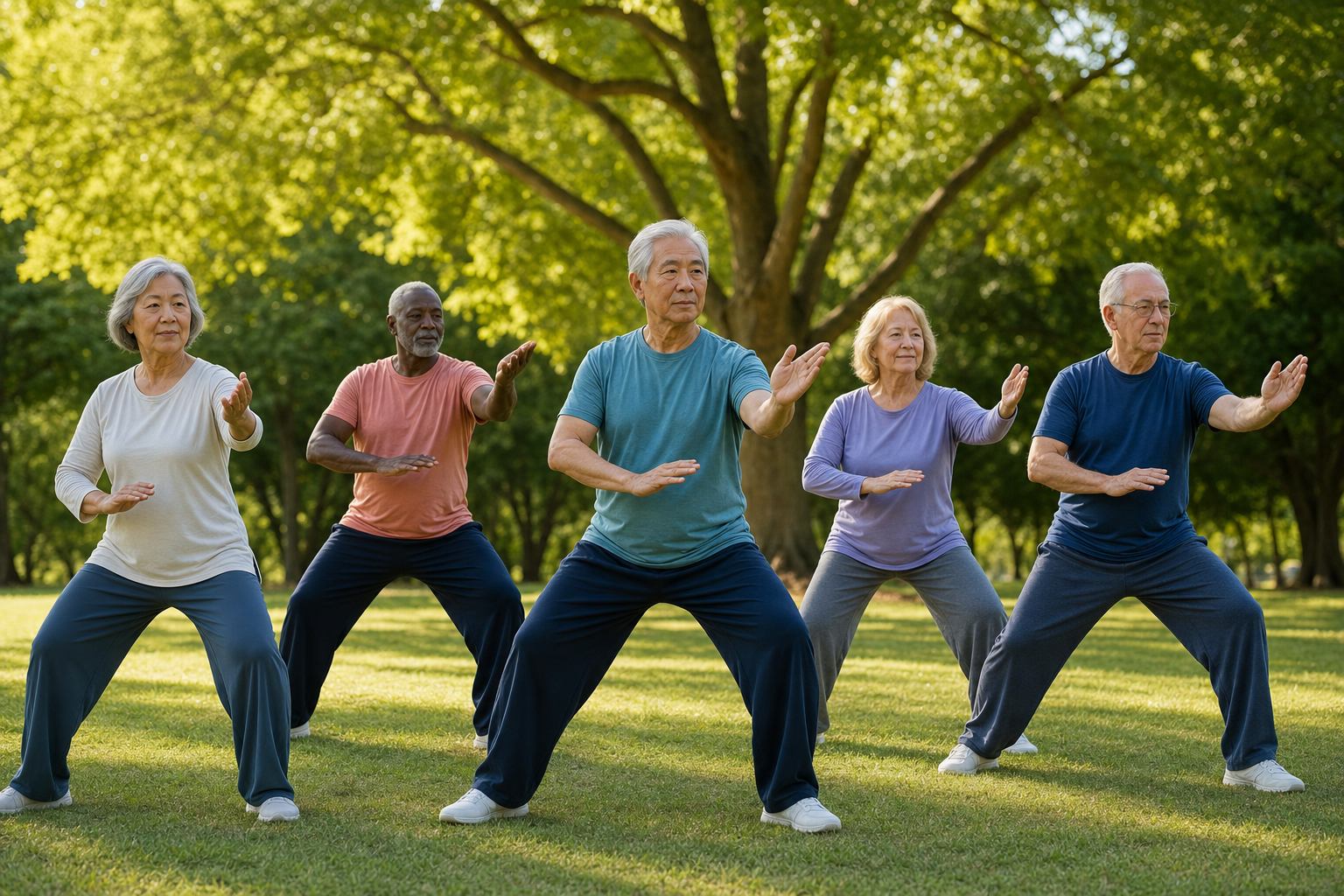 Group of seniors practicing tai chi in a park for arthritis and balance
