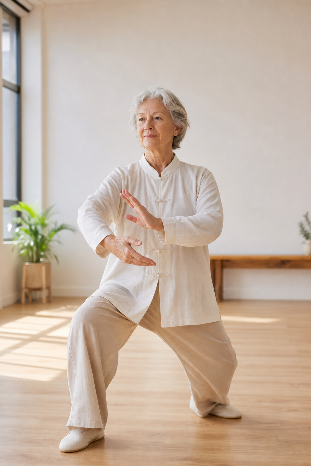 Tai chi for arthritis: senior woman's hands and knees in gentle movement