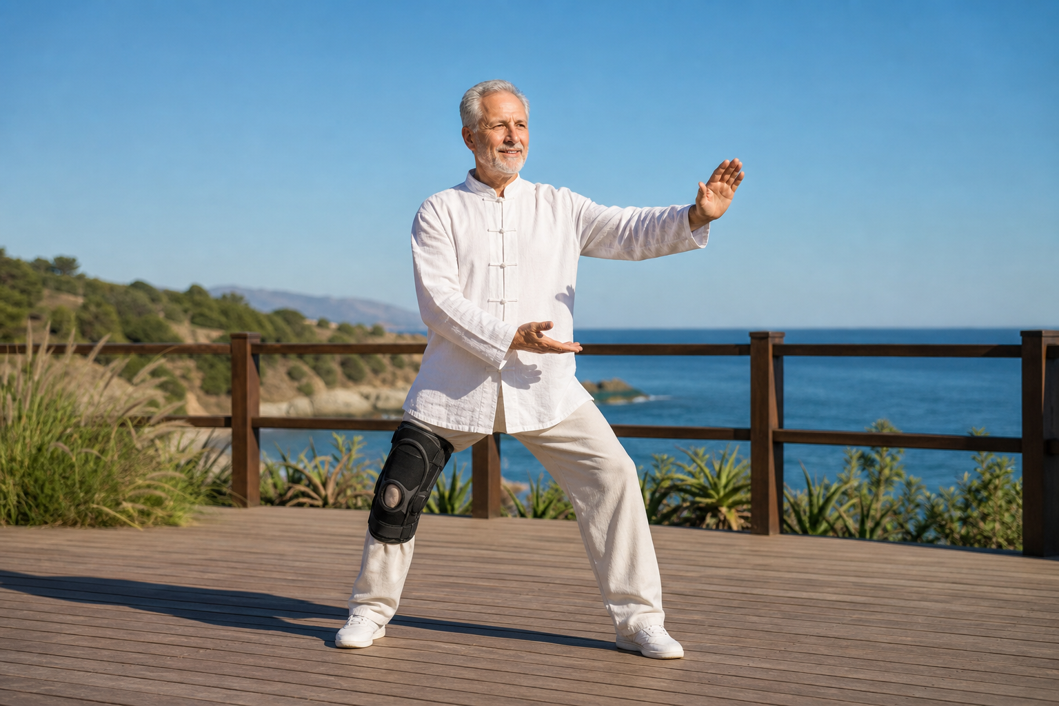 Older man practicing tai chi with knee brace for joint support and balance