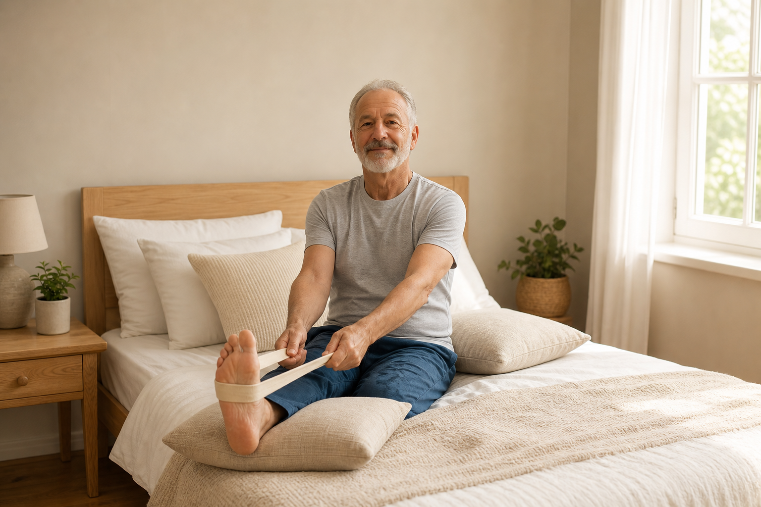 Senior man doing stretches in bed with pillows supporting hip and knee joints