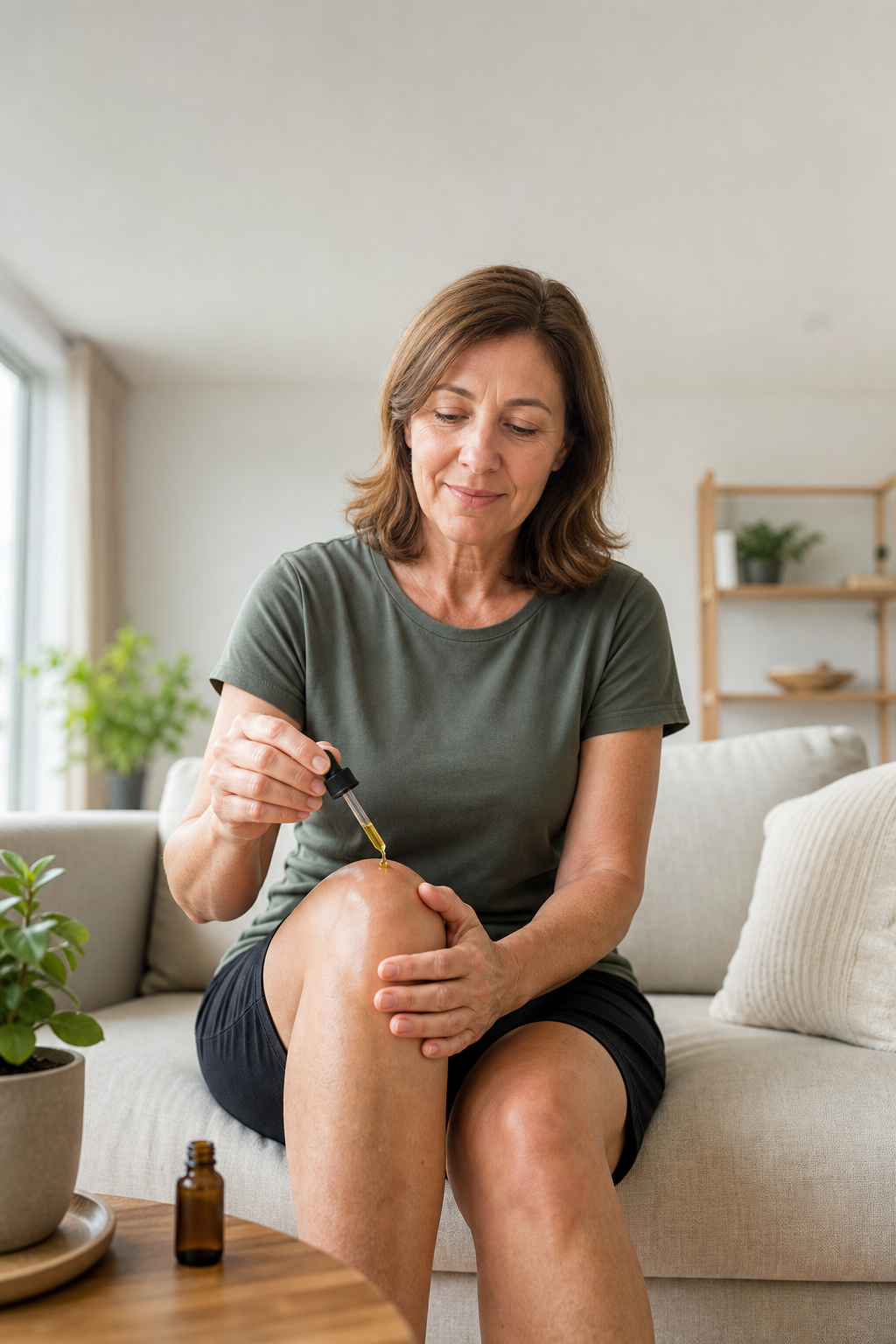 Person applying CBD oil to swollen knee for joint pain relief