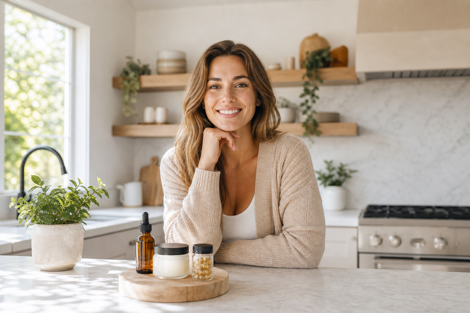 Various CBD oil products for joint pain on kitchen counter