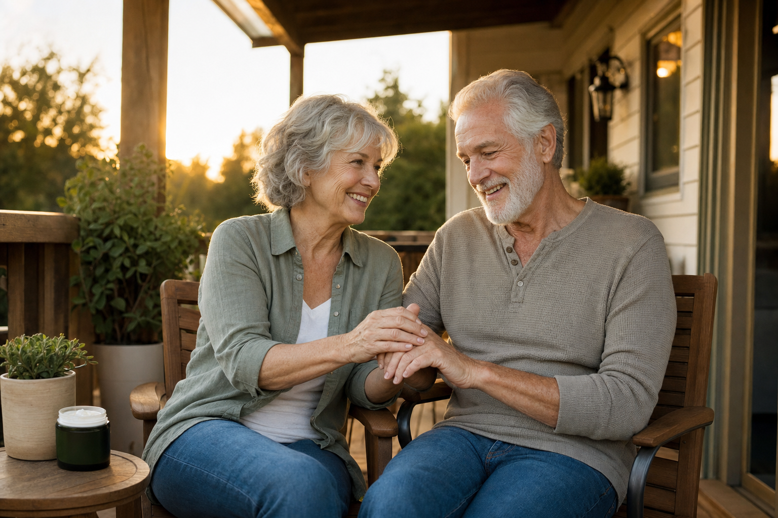 Seniors using CBD cream for joint pain and sharing a moment together