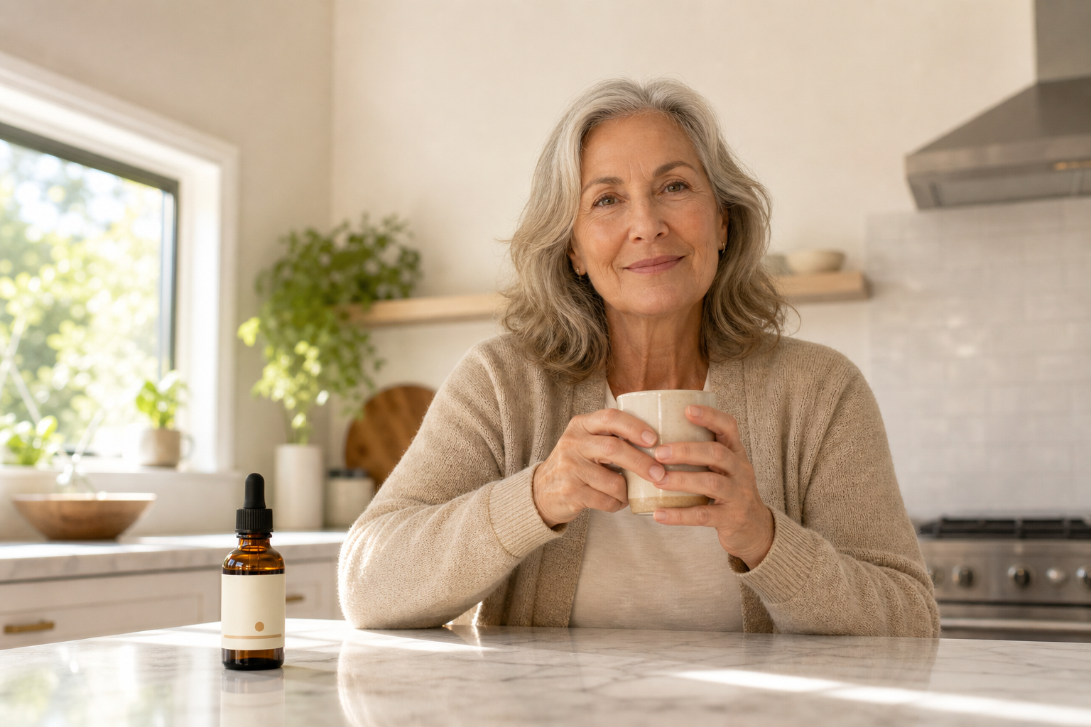 CBD oil dropper bottle on marble counter, elderly hands with mug in background