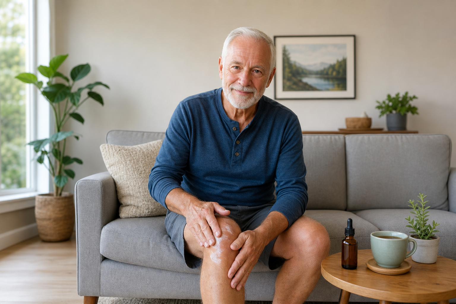 Senior man applying CBD topical cream to swollen knee at home