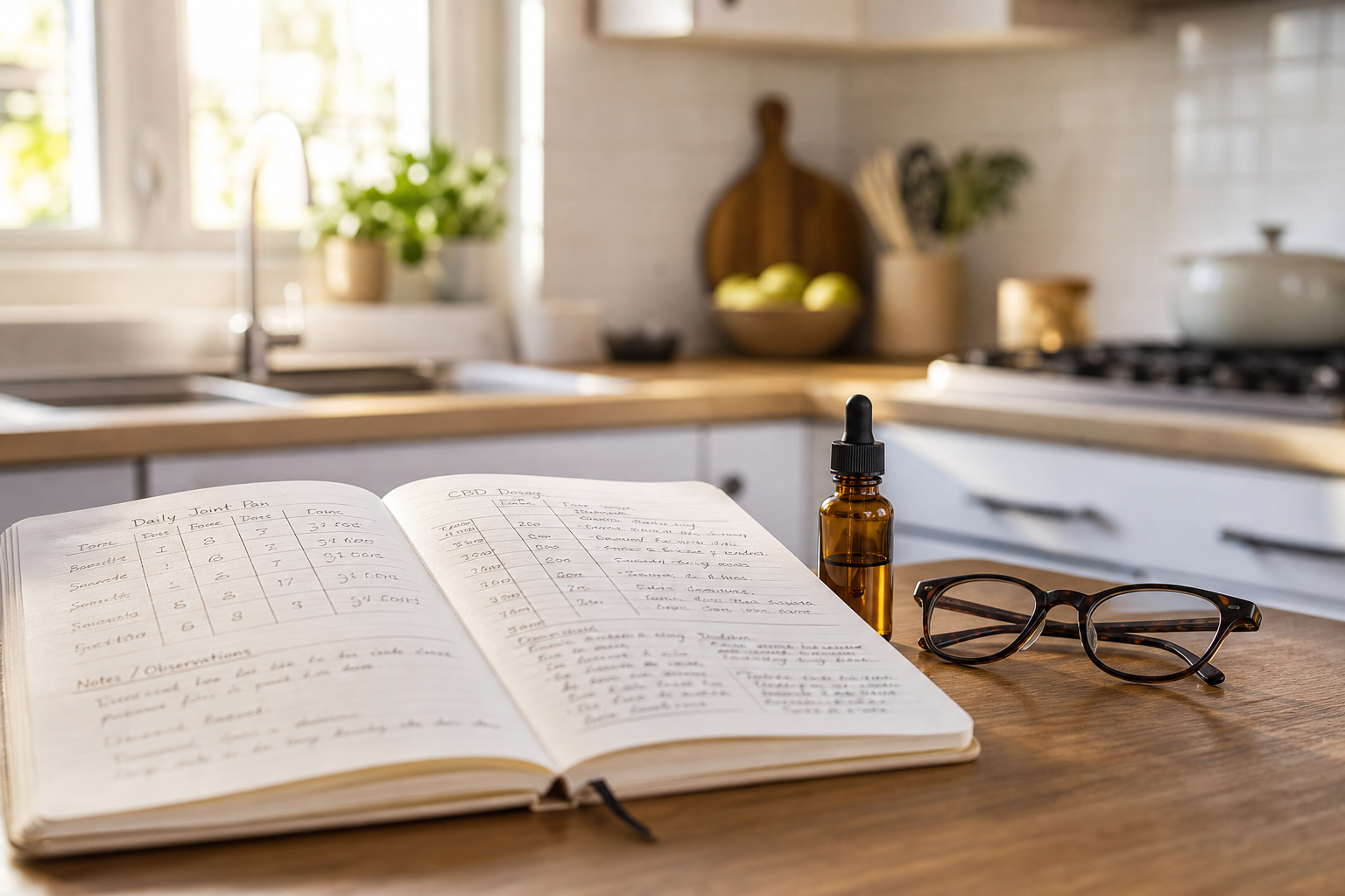 Journal tracking joint pain and CBD dosage, CBD oil bottle and glasses on table