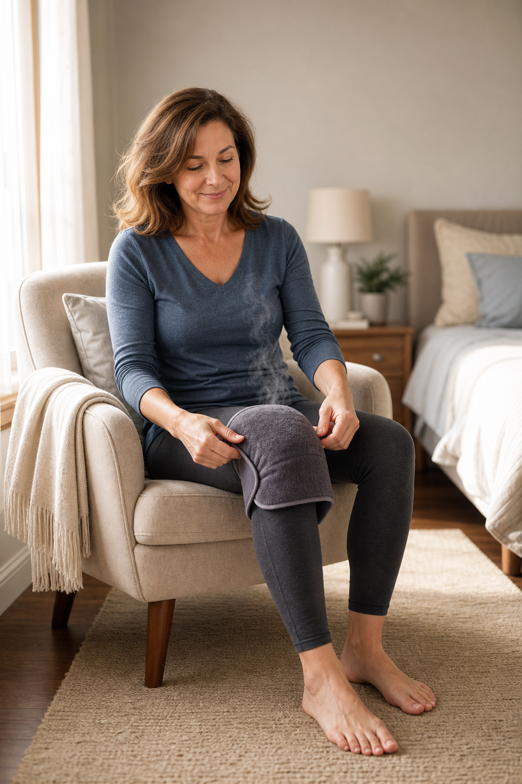 Hands applying heating pad to knee for morning joint pain relief