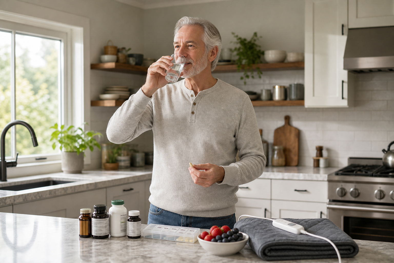 Older man taking supplements and drinking water in kitchen for joint health