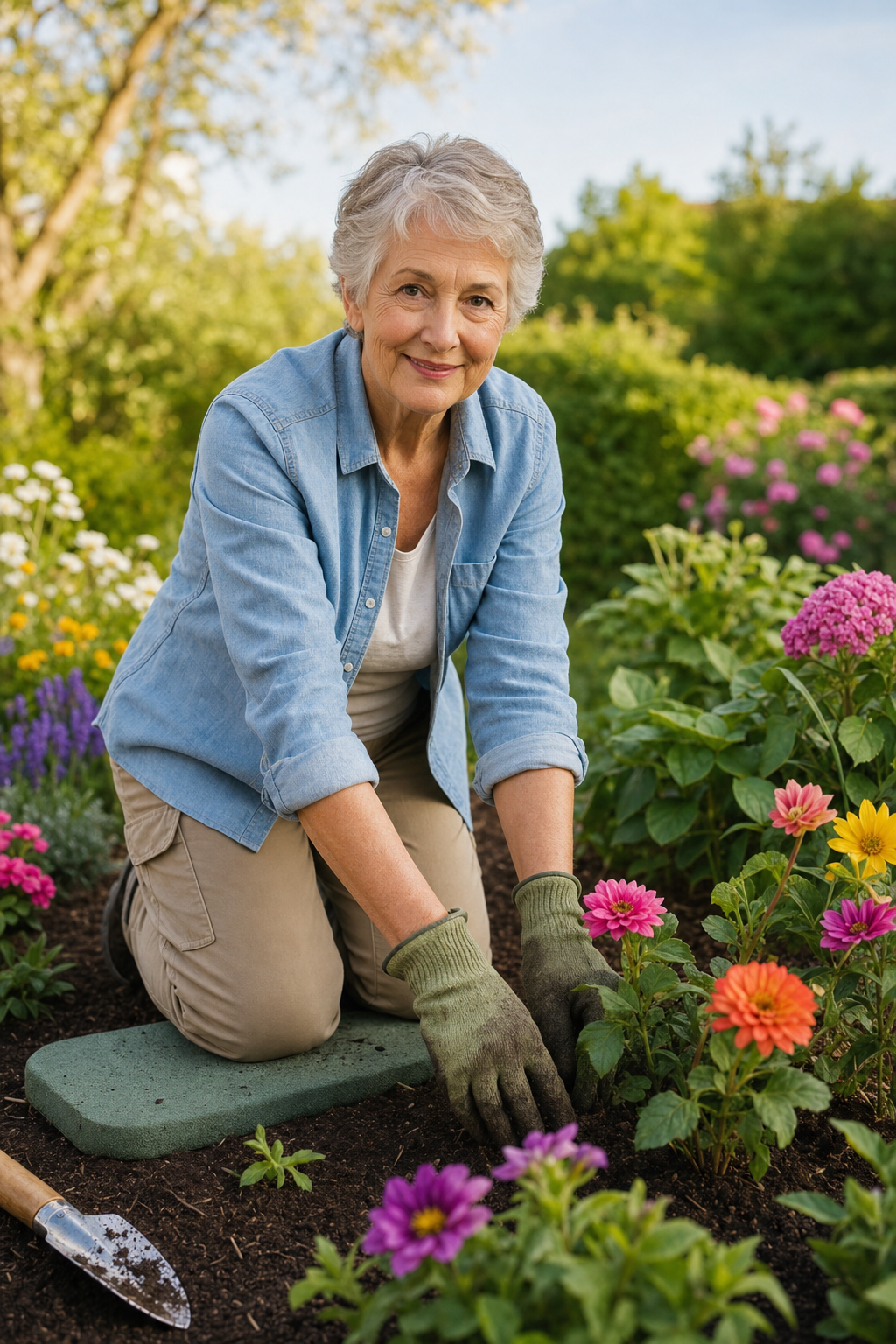 Older hands and knees on garden pad, tending to flowers