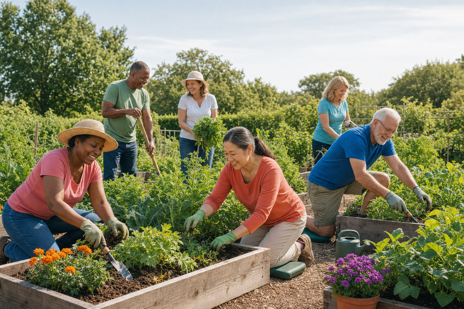 Group of adults using raised beds and ergonomic tools in garden