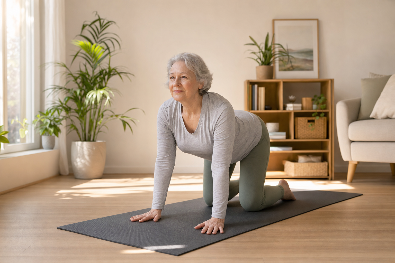 Older adult practicing Cat-Cow yoga pose on mat in sunny living room