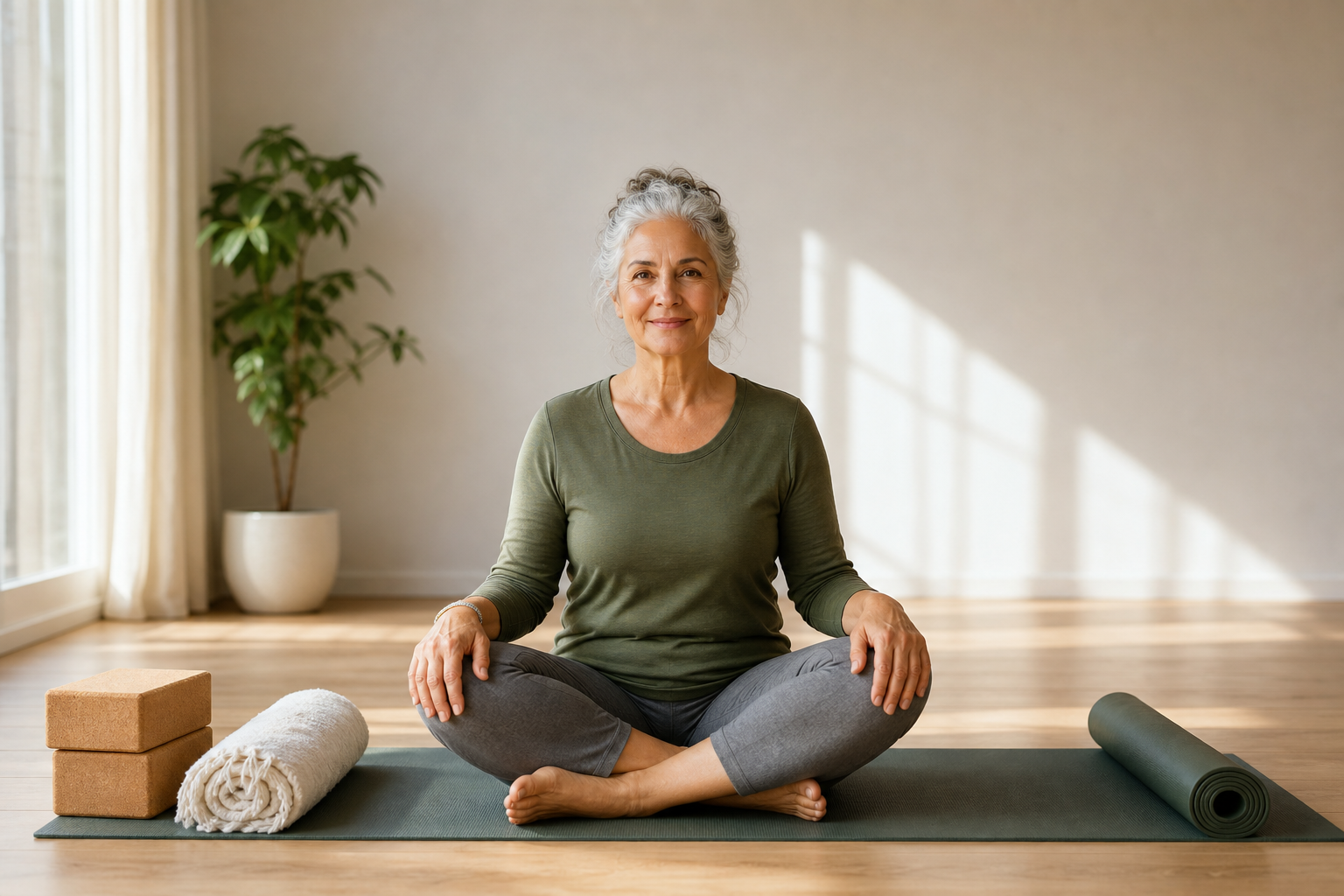 Yoga props and older adult hands on bent knees during gentle pose