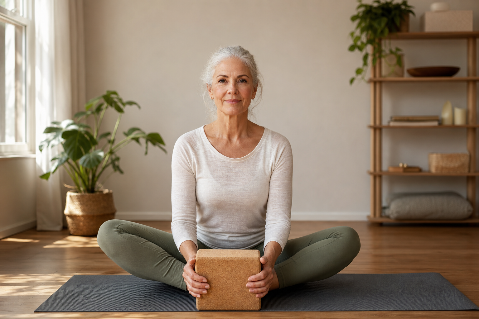 Close-up of older hands gripping yoga block in supportive pose for mobility