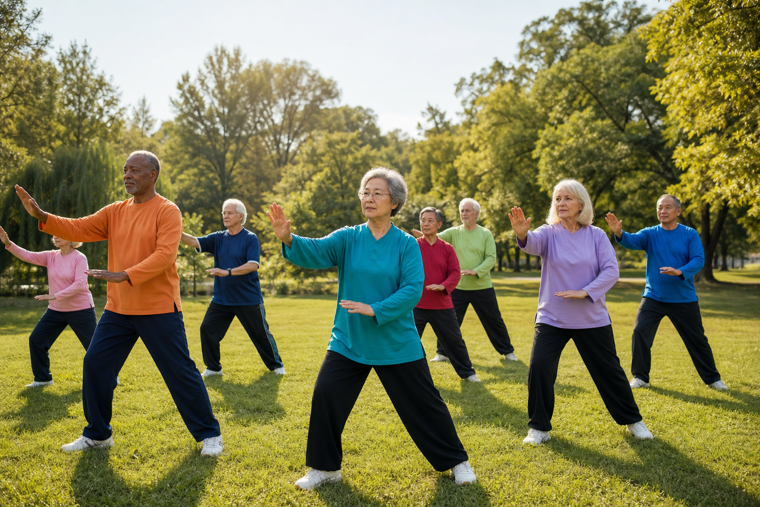 Older adults in a group tai chi session outdoors, practicing balance and joint-friendly exercise