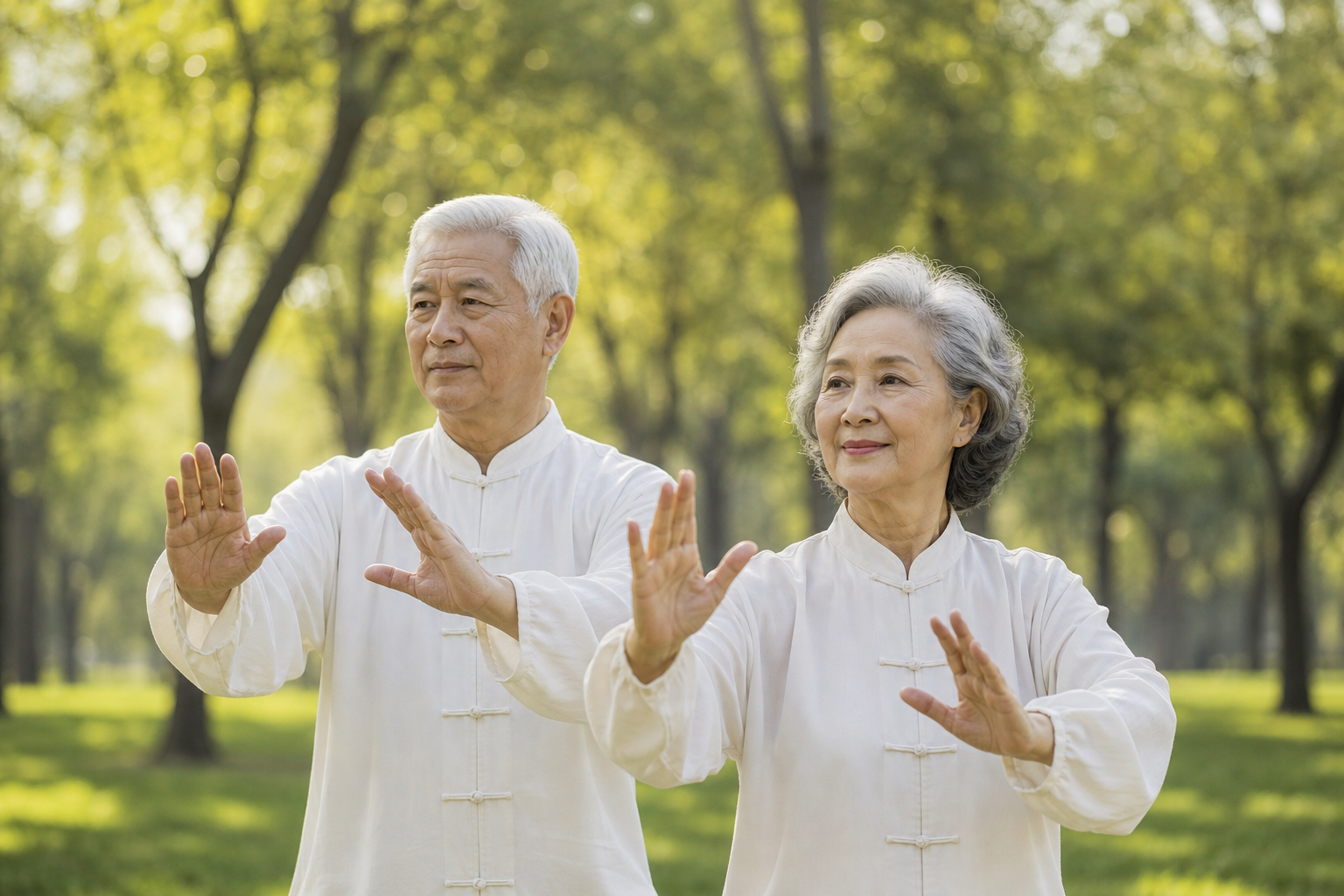 Senior man and woman focusing on tai chi hand positions, demonstrating mindfulness and gentle movement