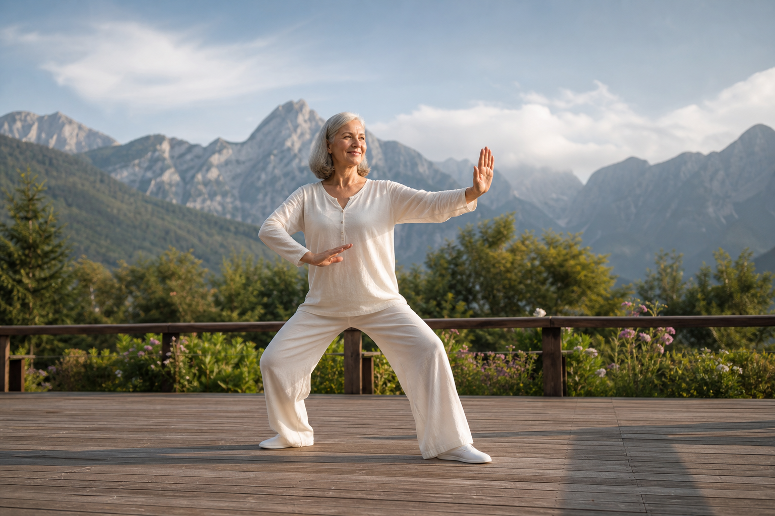 Older woman performing tai chi for arthritis and balance outside with scenic mountain view