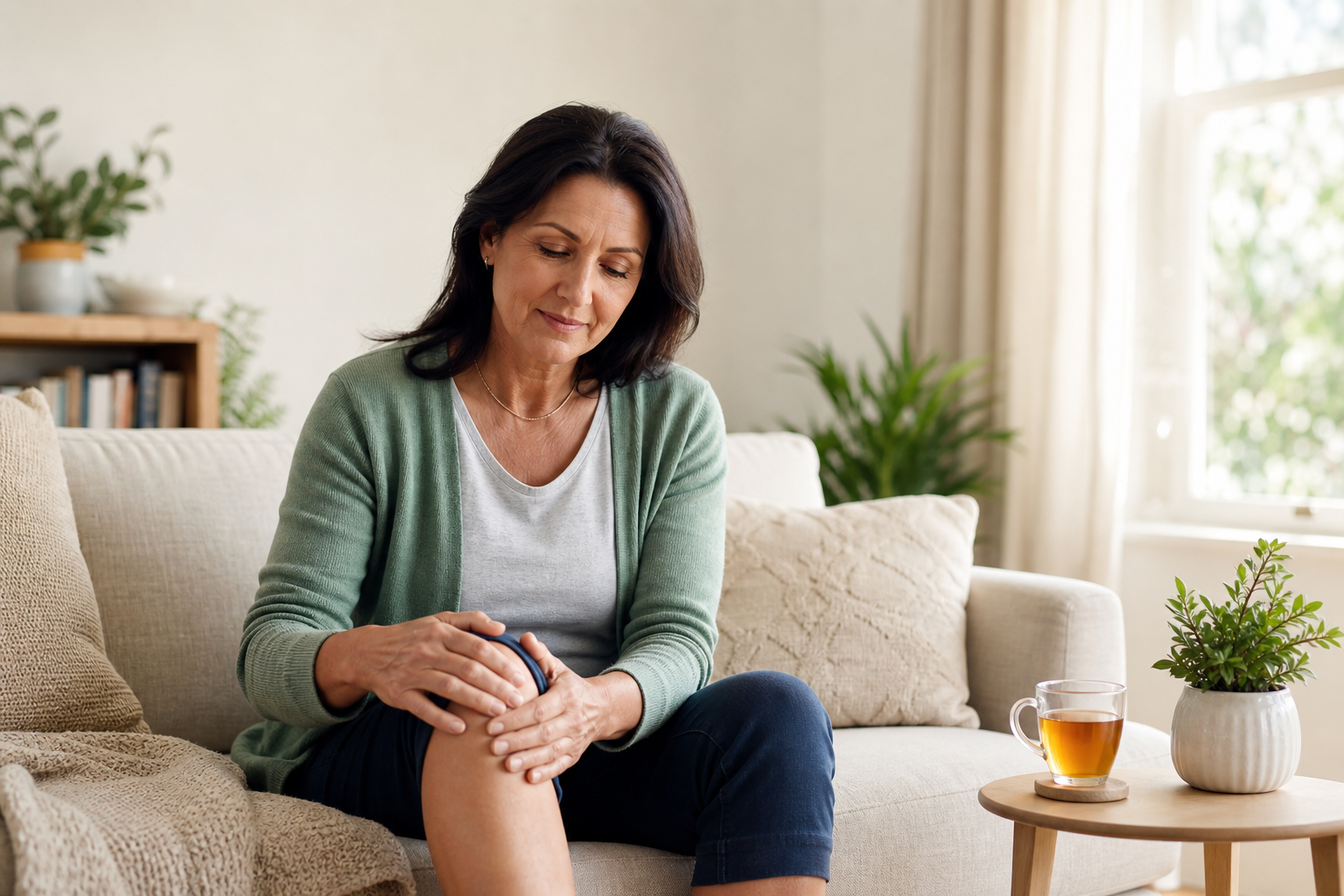 Middle-aged woman rubbing knee for joint pain on sunny couch