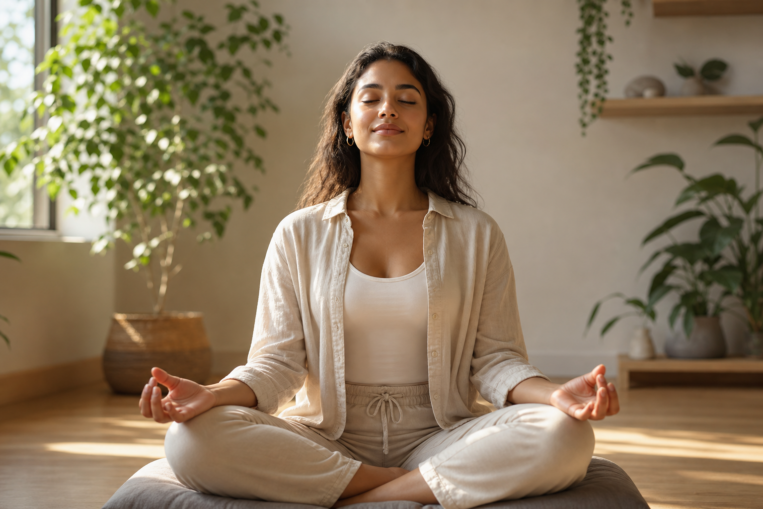 Hands meditating in sunlit room to reduce joint inflammation naturally