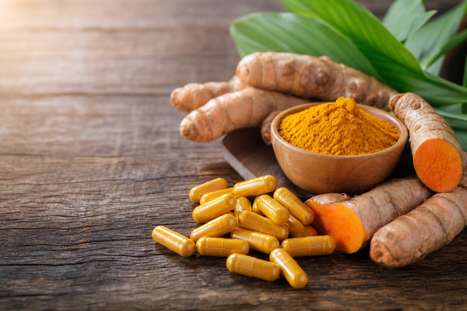Turmeric root, capsules, and powder on a wooden table with sunlight