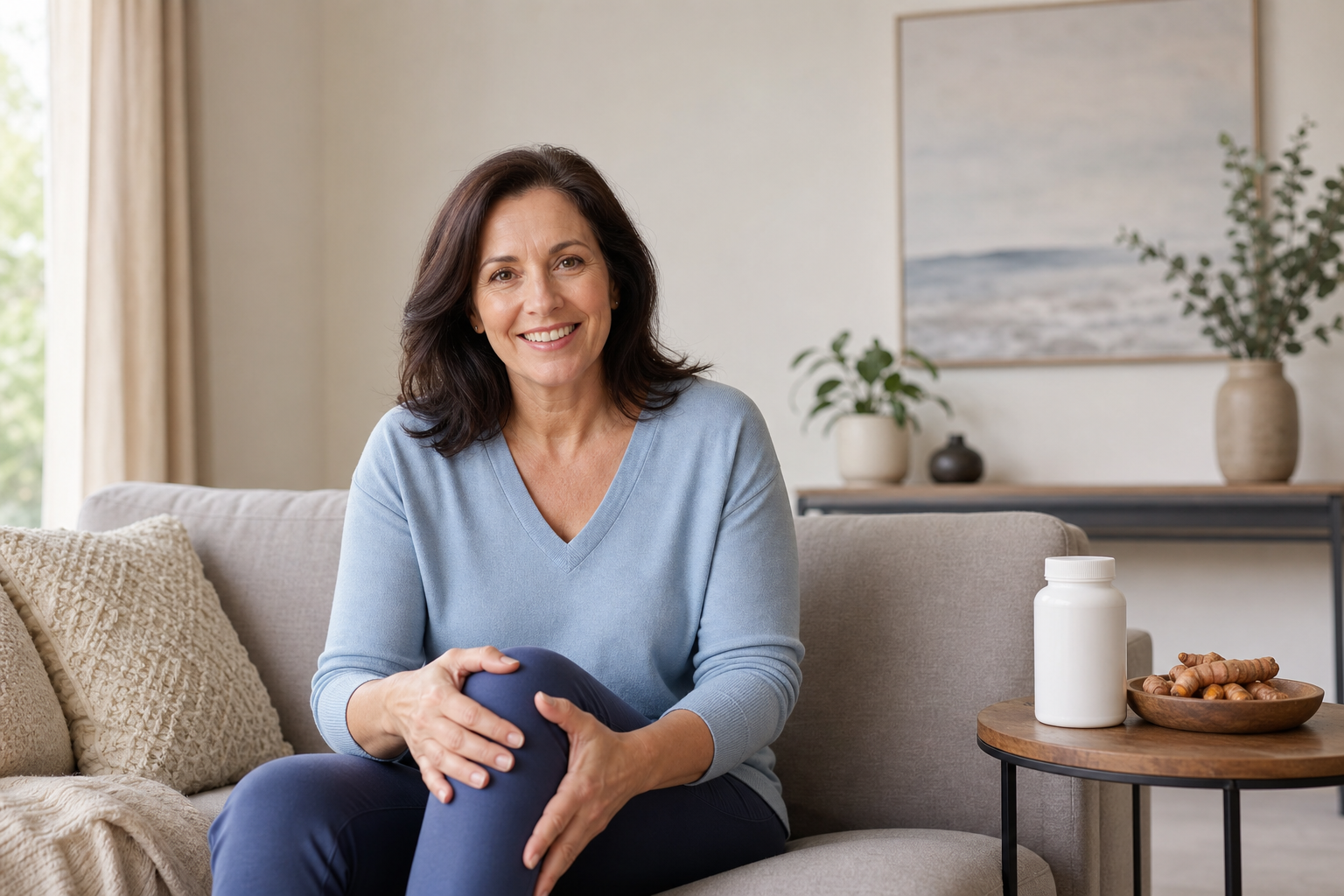 Woman massaging knee with turmeric supplements on table nearby