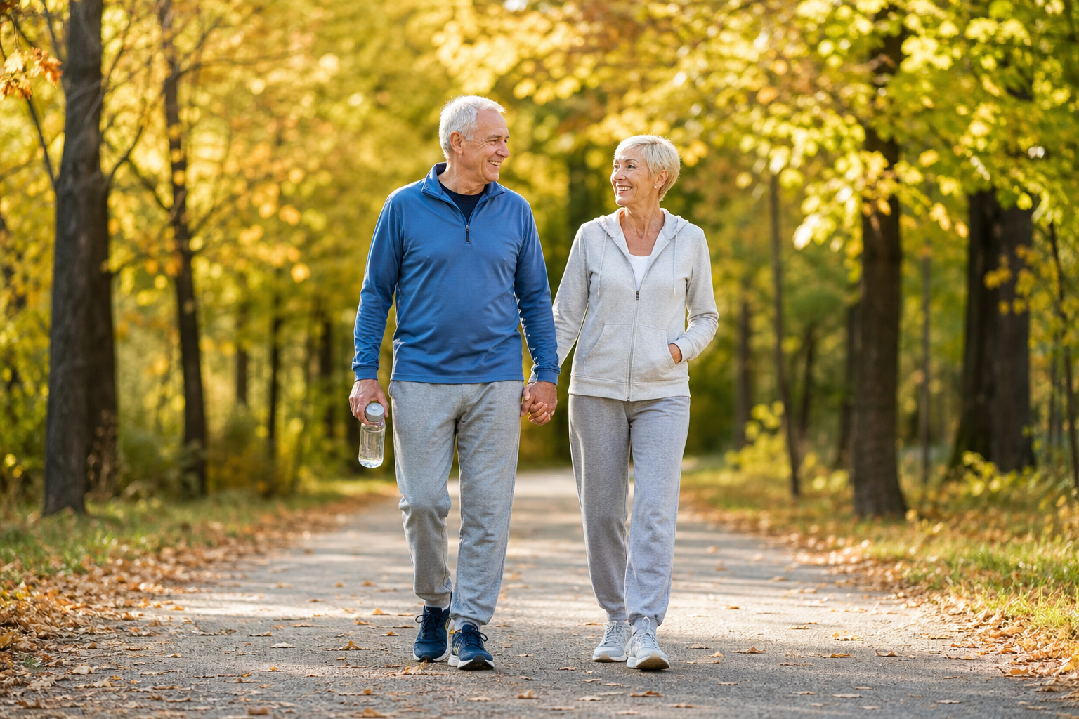 Smiling elderly couple walking on tree-lined path outdoors