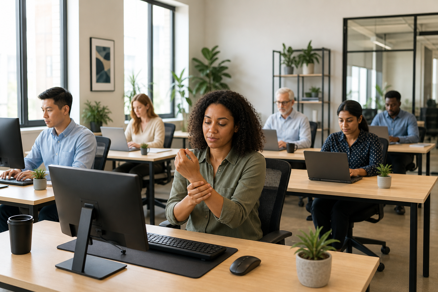 Office worker massaging wrist at modern ergonomic desk