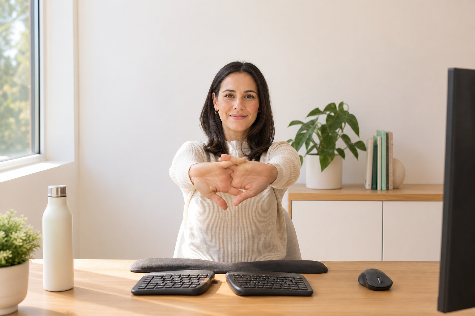 Ergonomic keyboard and wrist rest setup with hands stretching