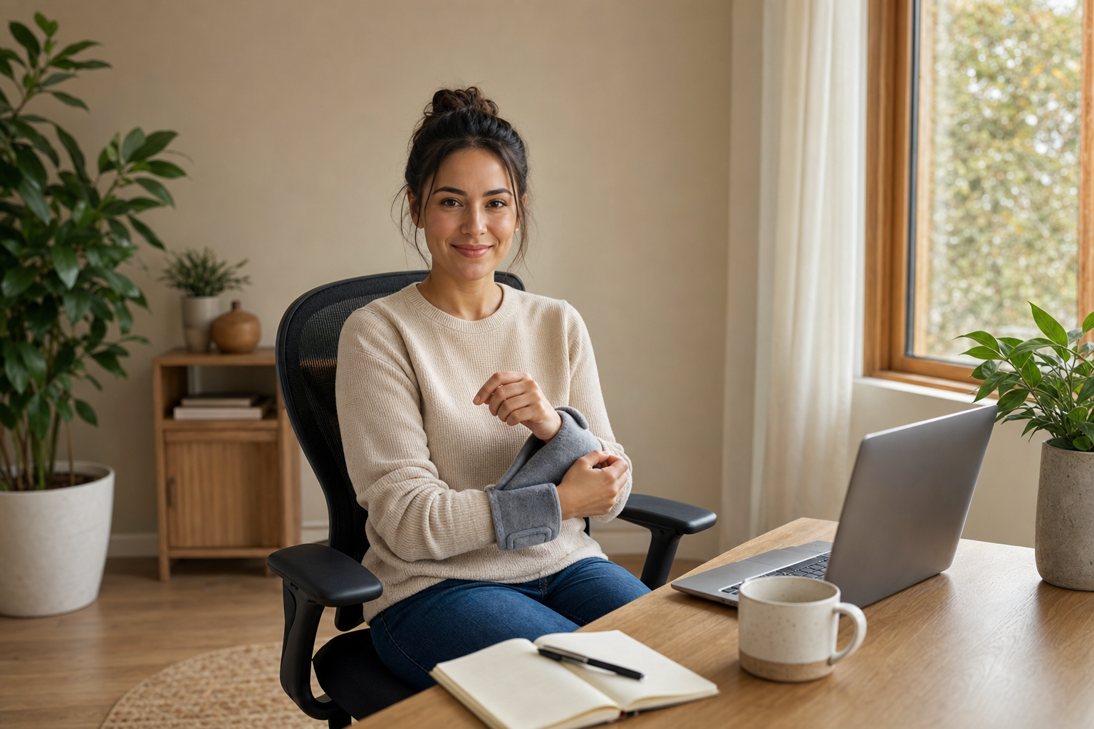 Person using heating pad on wrist at home office desk