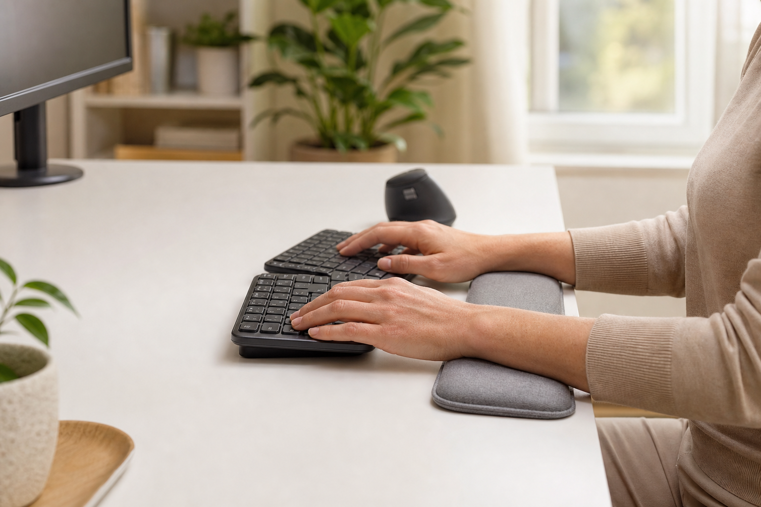 Ergonomic desk with split keyboard, vertical mouse, and wrist rest