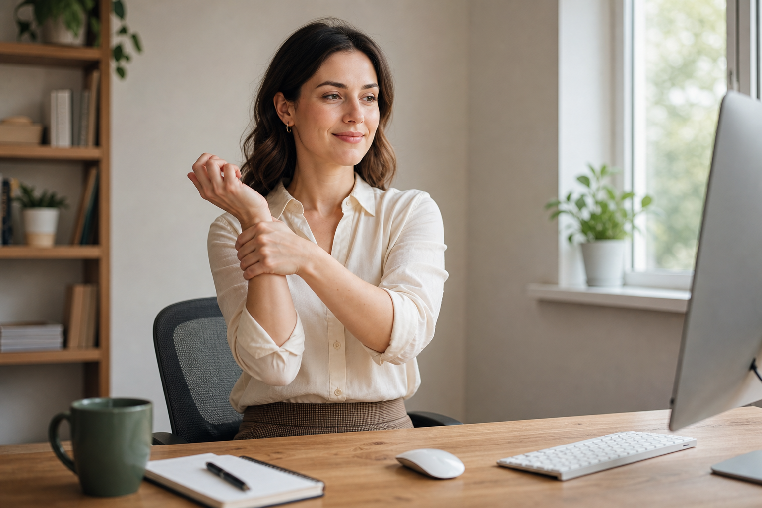Desk worker stretching wrist at desk with office supplies in background